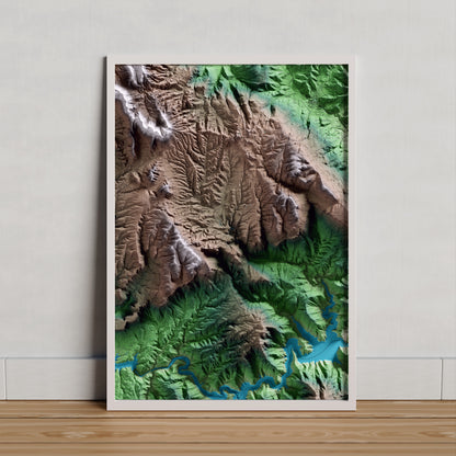 Mapa artístico del relieve de Rupit i Pruit, a Osona, con 15 km de entorno y base topográfica ICGC. Presentación enmarcada.