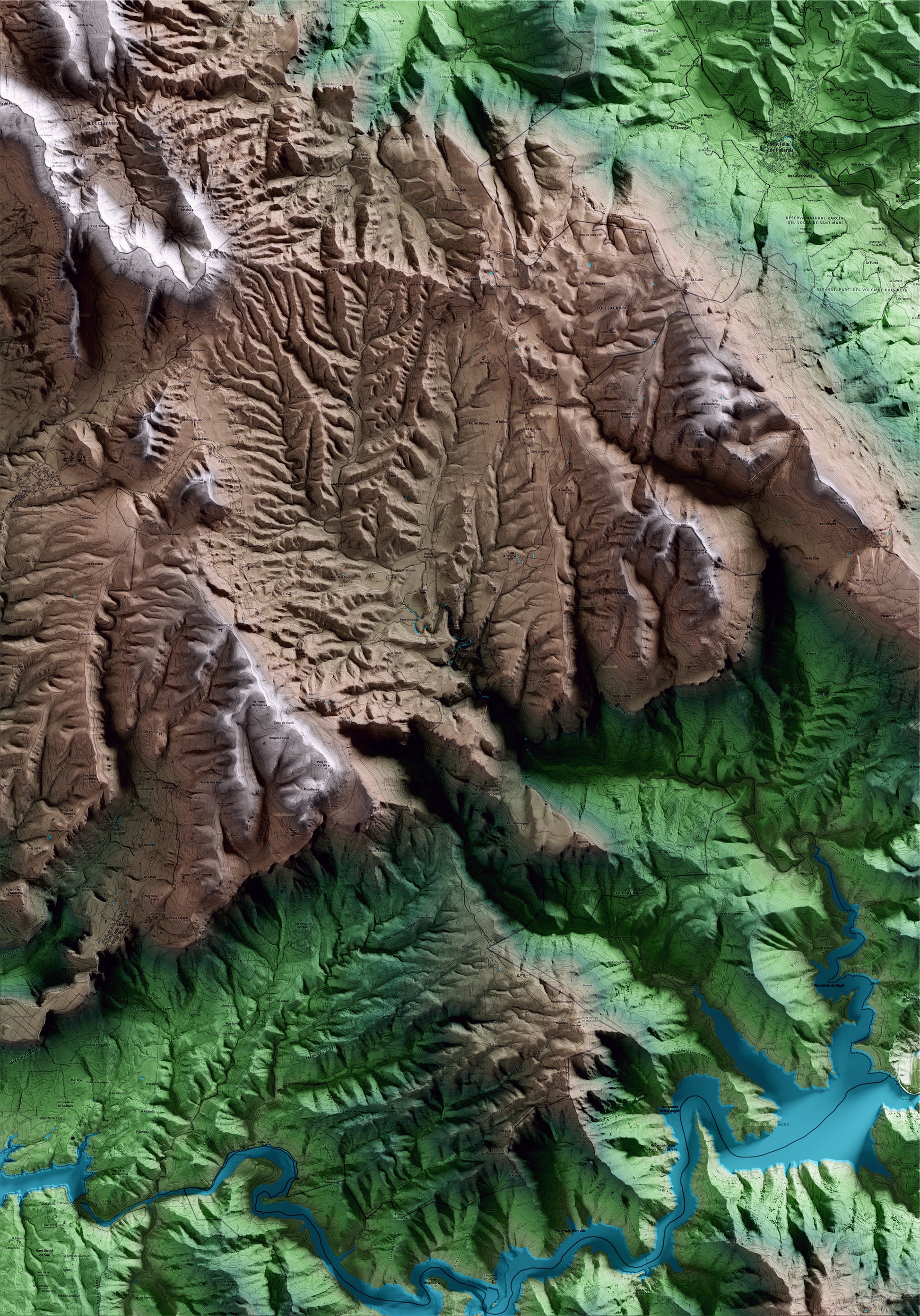 Mapa artístico del relieve de Rupit i Pruit, a Osona, con 15 km de entorno y base topográfica ICGC
