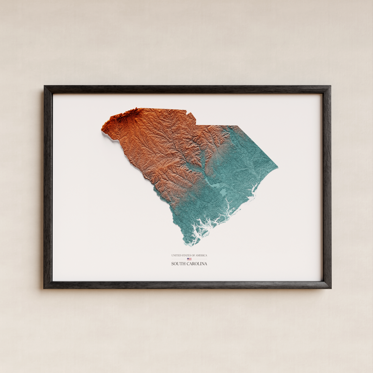 SOUTH CAROLINA. Mapa de relleu artístic / blau i taronja