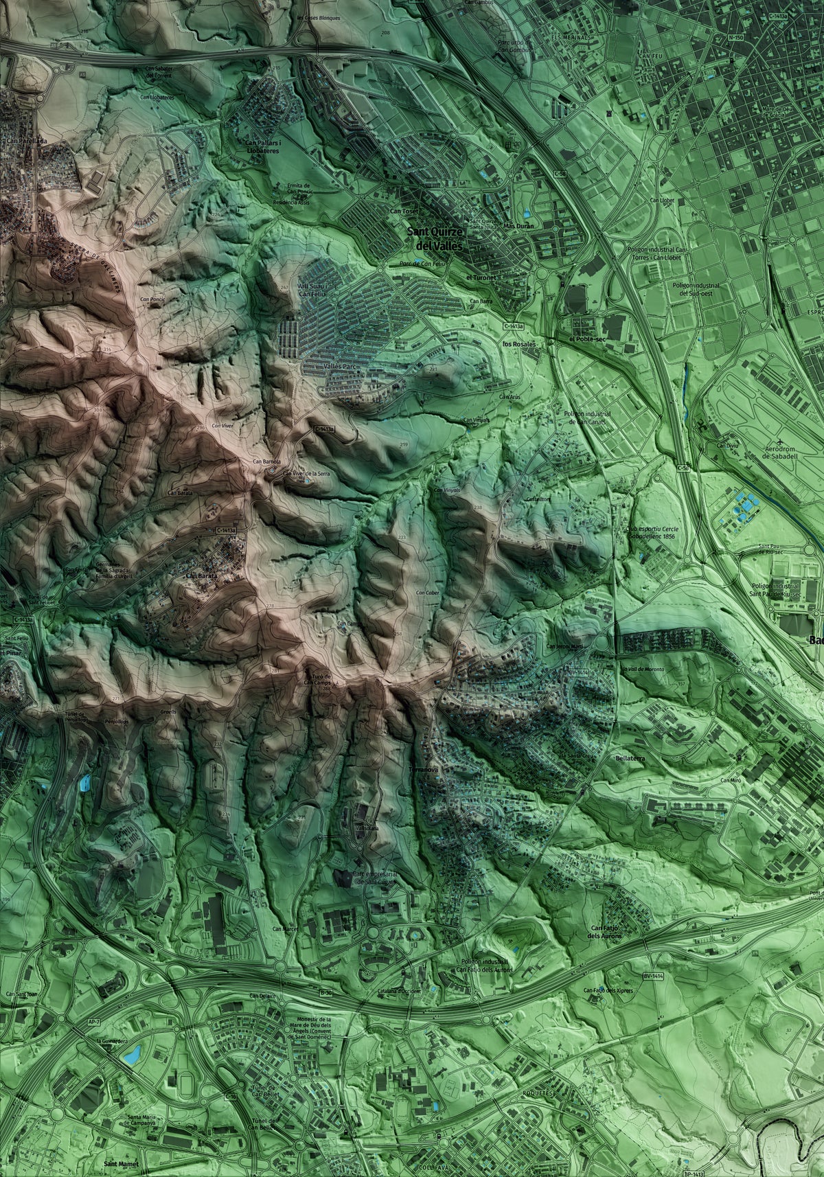 Mapa artístico del relieve de Sabadell, al Vallès Occidental, con 15 km de entorno y base topográfica ICGC. Detalle de la zona inferior izquierda.