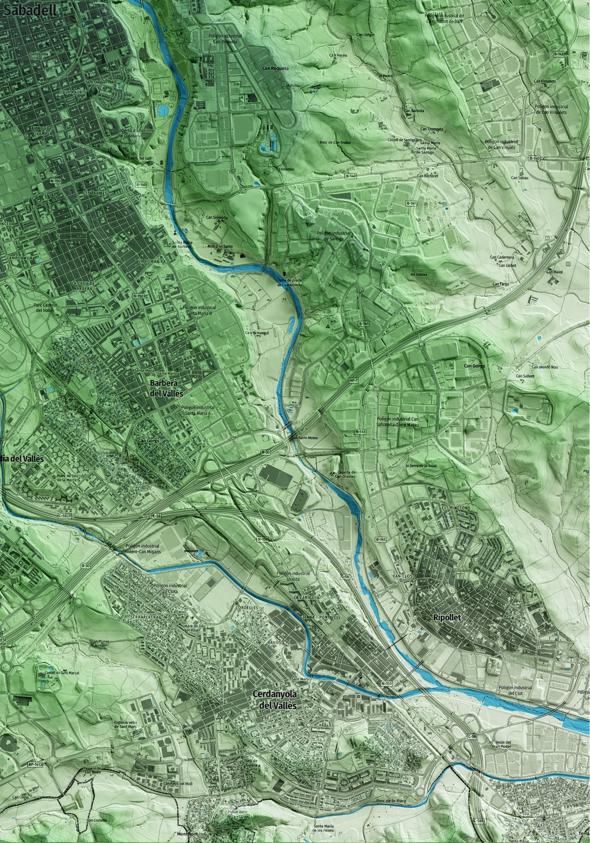Mapa artístico del relieve de Sabadell, al Vallès Occidental, con 15 km de entorno y base topográfica ICGC. Detalle de la zona inferior derecha.