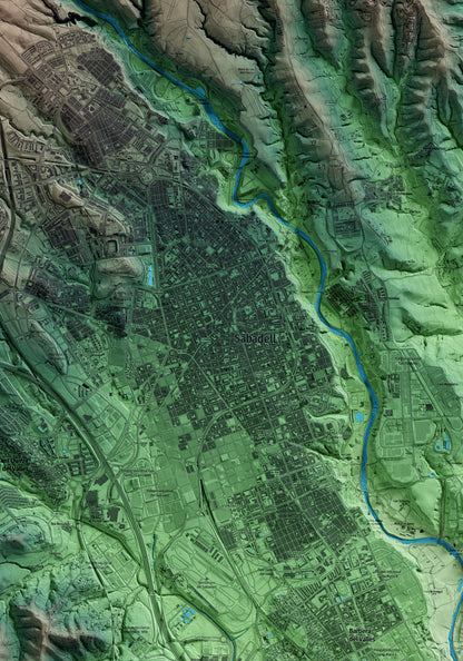 Mapa artístico del relieve de Sabadell, al Vallès Occidental, con 15 km de entorno y base topográfica ICGC. Detalle de la zona central.