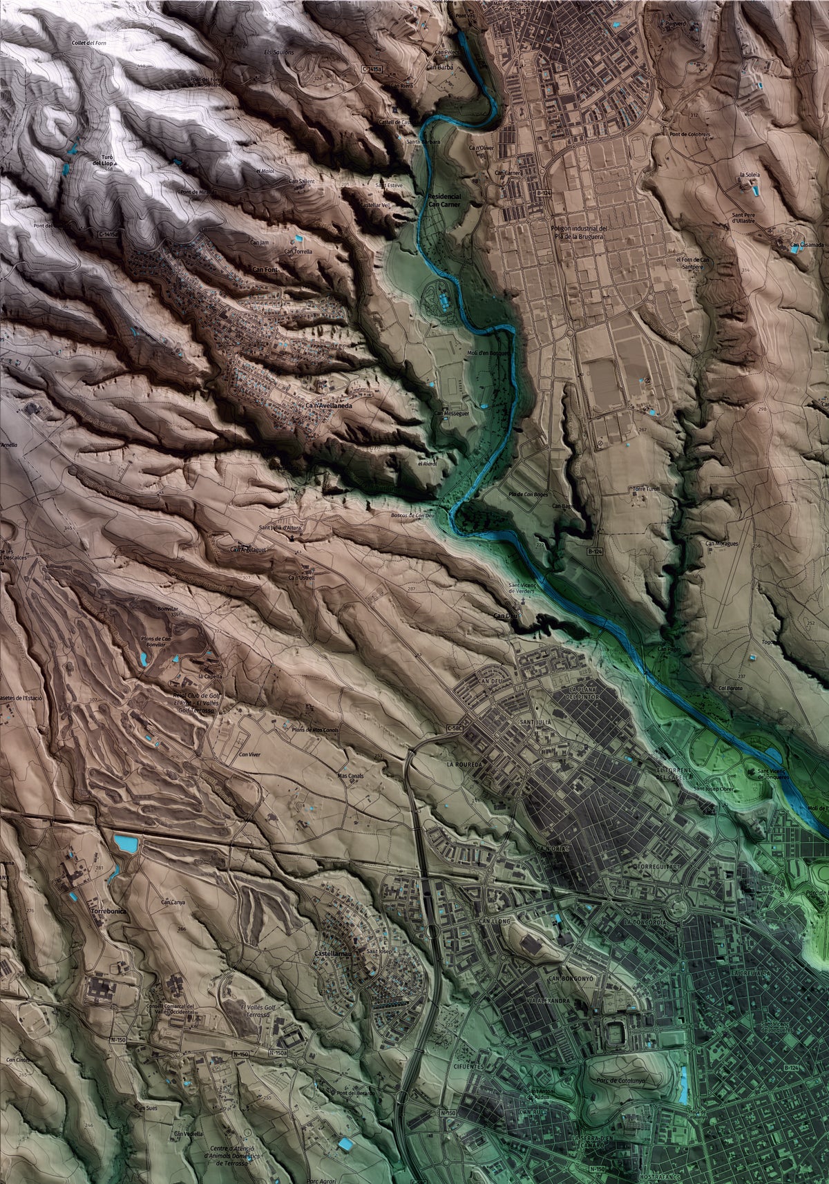 Mapa artístico del relieve de Sabadell, al Vallès Occidental, con 15 km de entorno y base topográfica ICGC. Detalle de la zona superior izquierda.