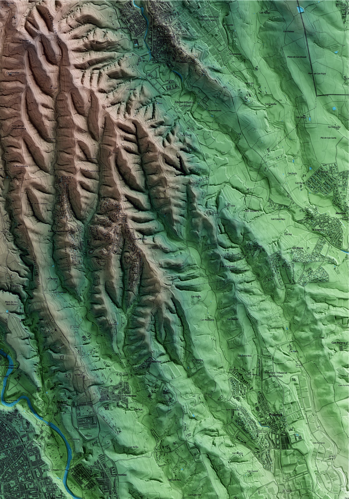 Mapa artístico del relieve de Sabadell, al Vallès Occidental, con 15 km de entorno y base topográfica ICGC. Detalle de la zona superior derecha.