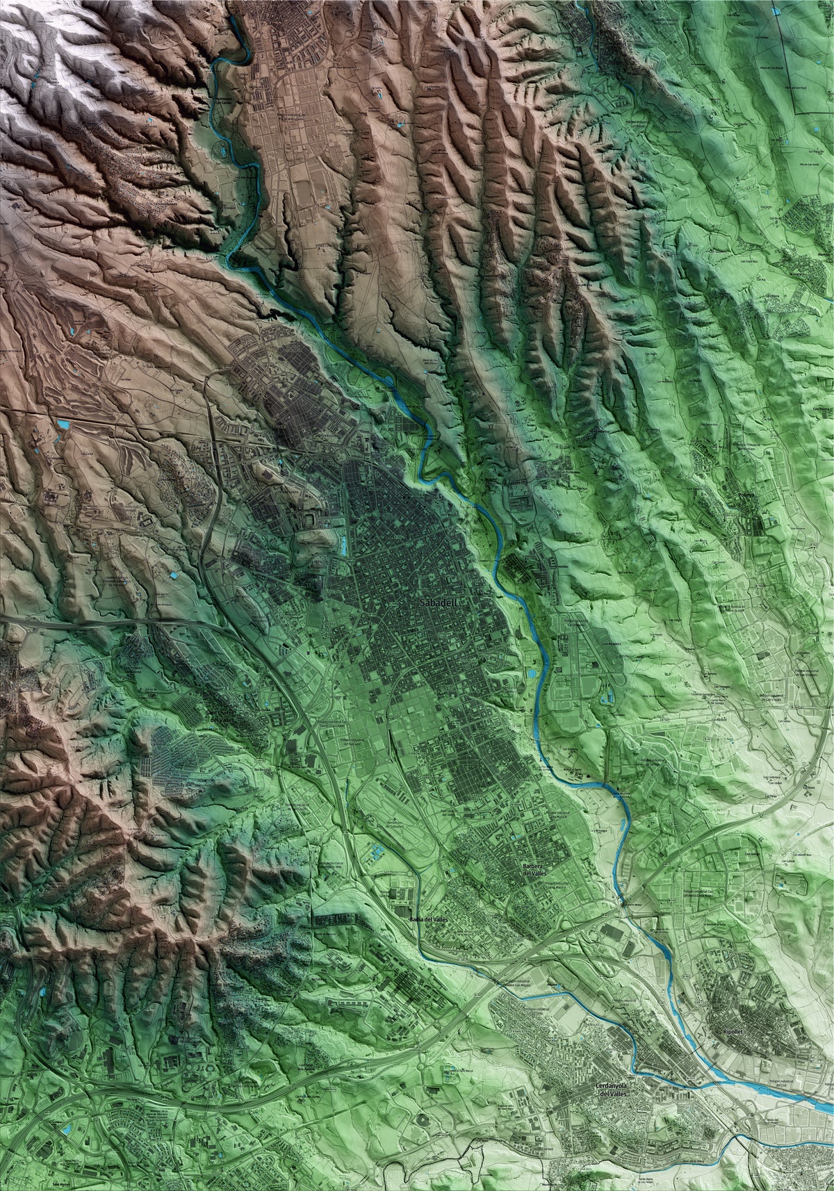 Mapa artístico del relieve de Sabadell, al Vallès Occidental, con 15 km de entorno y base topográfica ICGC
