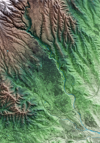 Mapa artístico del relieve de Sabadell, al Vallès Occidental, con 15 km de entorno y base topográfica ICGC