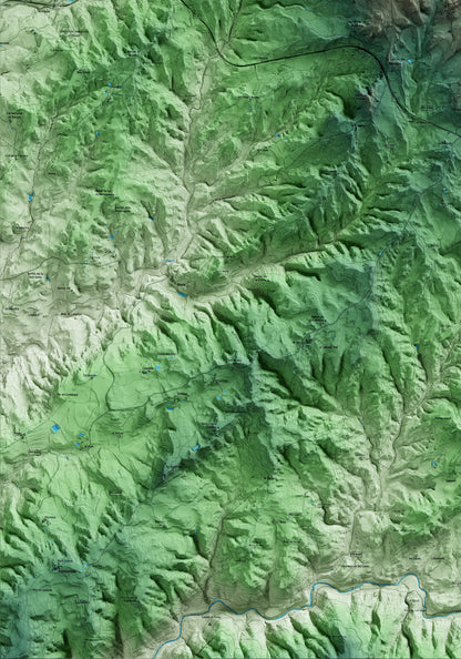 Mapa artístico del relieve de Sagàs, al Berguedà, con 15 km de entorno y base topográfica ICGC. Detalle de la zona inferior izquierda.
