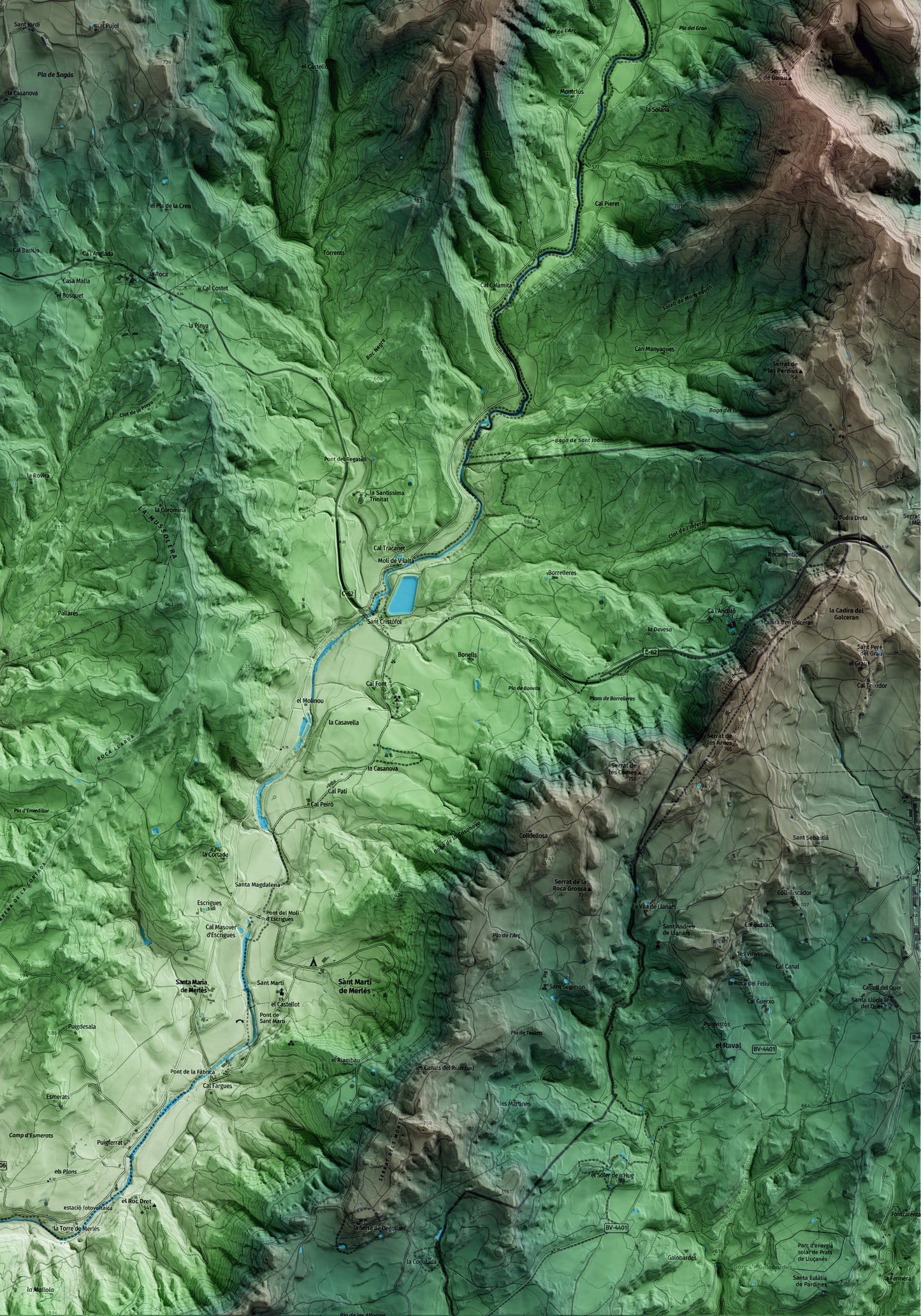 Mapa artístico del relieve de Sagàs, al Berguedà, con 15 km de entorno y base topográfica ICGC. Detalle de la zona inferior derecha.