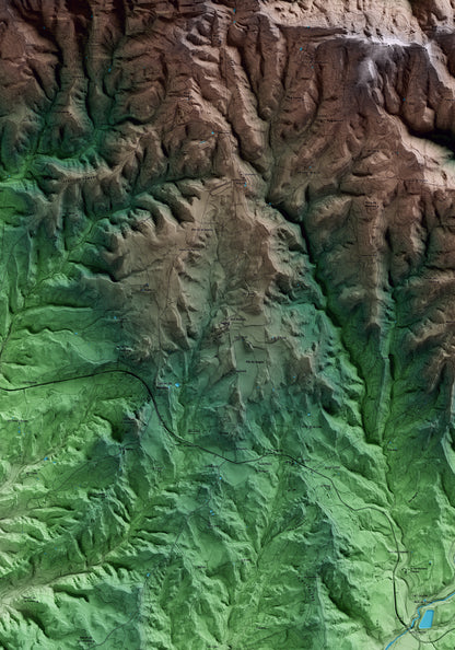 Mapa artístico del relieve de Sagàs, al Berguedà, con 15 km de entorno y base topográfica ICGC. Detalle de la zona central.