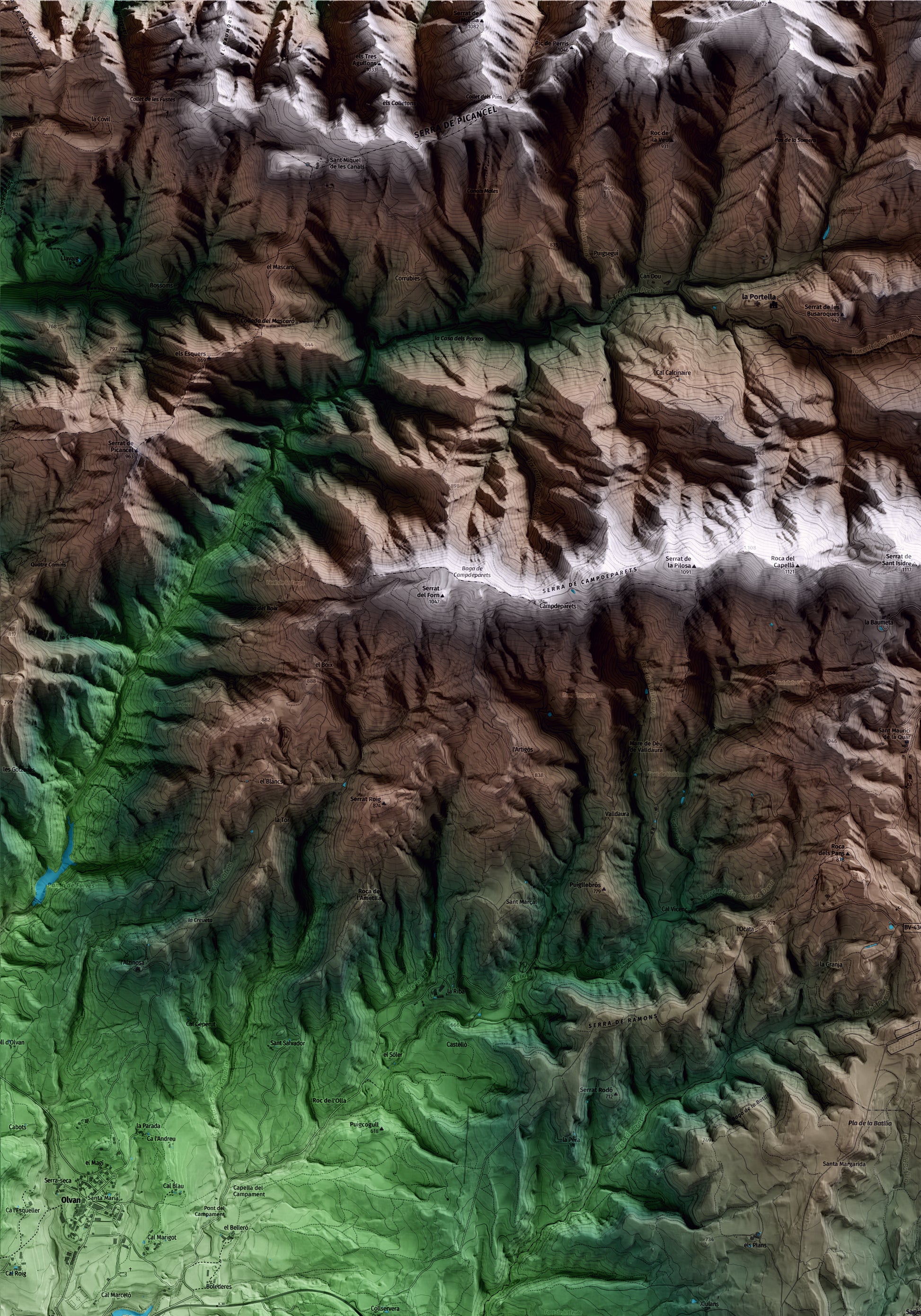 Mapa artístico del relieve de Sagàs, al Berguedà, con 15 km de entorno y base topográfica ICGC. Detalle de la zona superior izquierda.