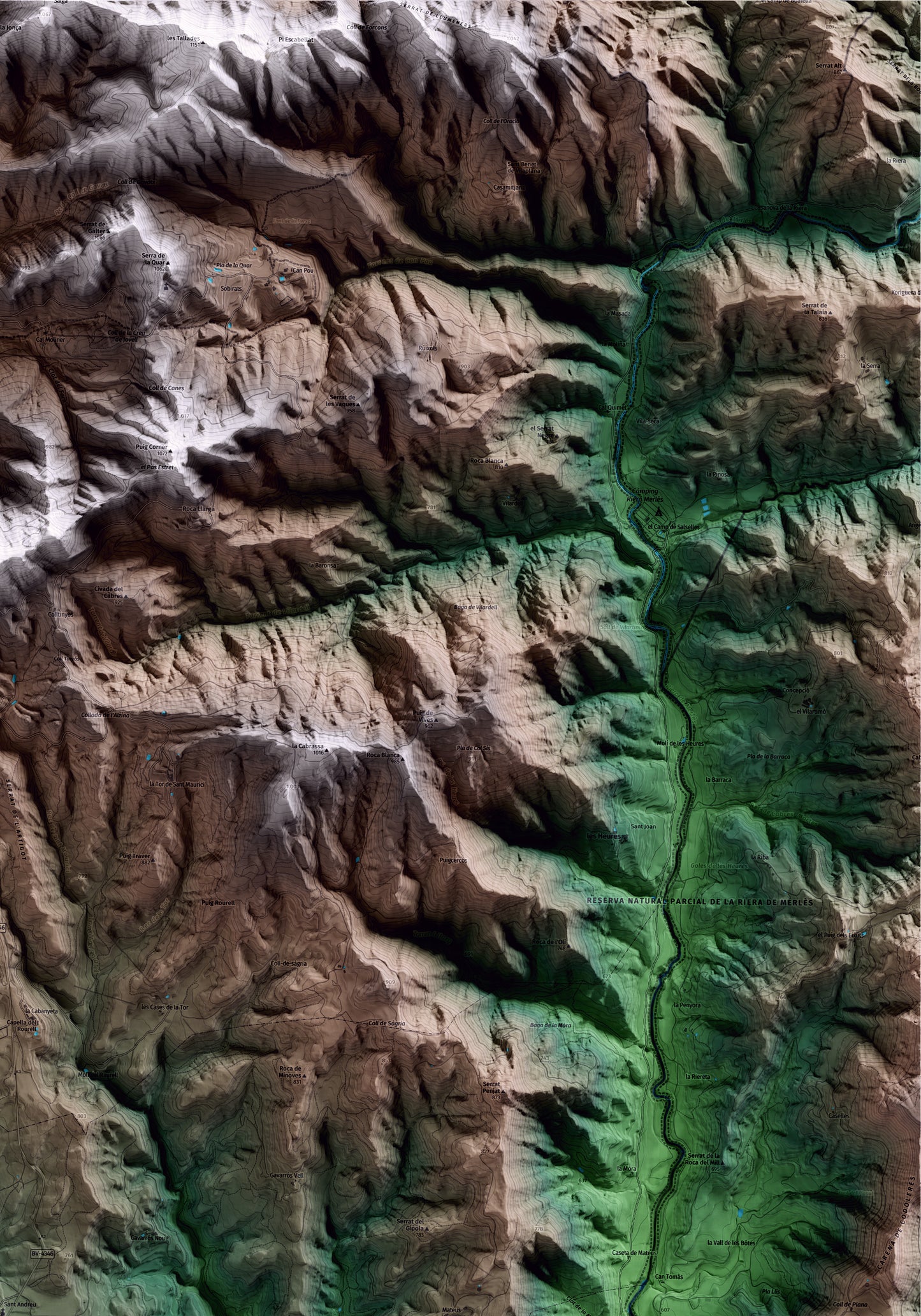 Mapa artístico del relieve de Sagàs, al Berguedà, con 15 km de entorno y base topográfica ICGC. Detalle de la zona superior derecha.