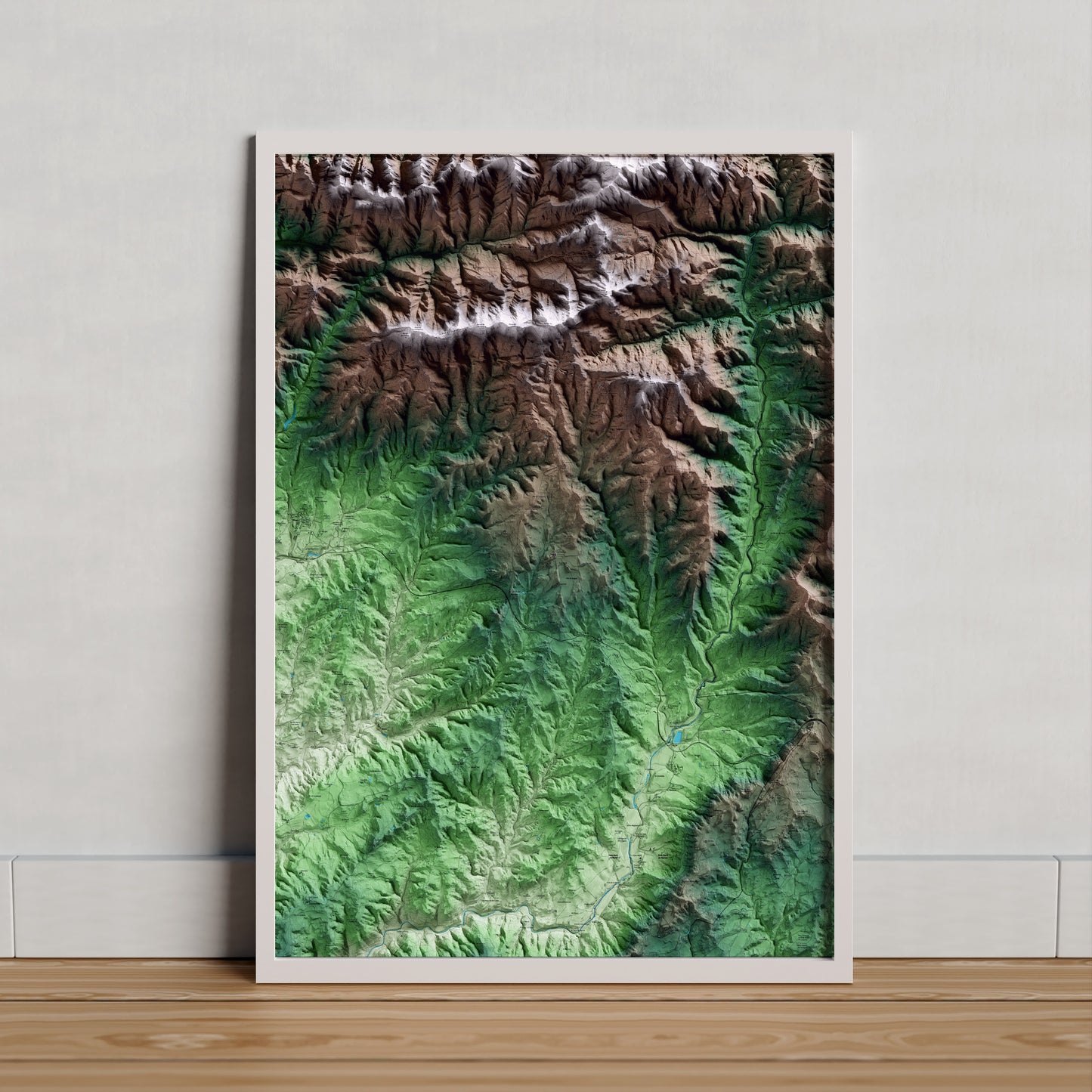 Mapa artístico del relieve de Sagàs, al Berguedà, con 15 km de entorno y base topográfica ICGC. Presentación enmarcada.