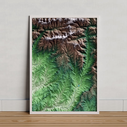Mapa artístico del relieve de Sagàs, al Berguedà, con 15 km de entorno y base topográfica ICGC. Presentación enmarcada.