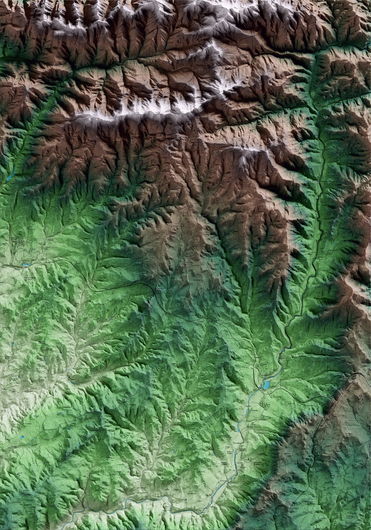 Mapa artístico del relieve de Sagàs, al Berguedà, con 15 km de entorno y base topográfica ICGC