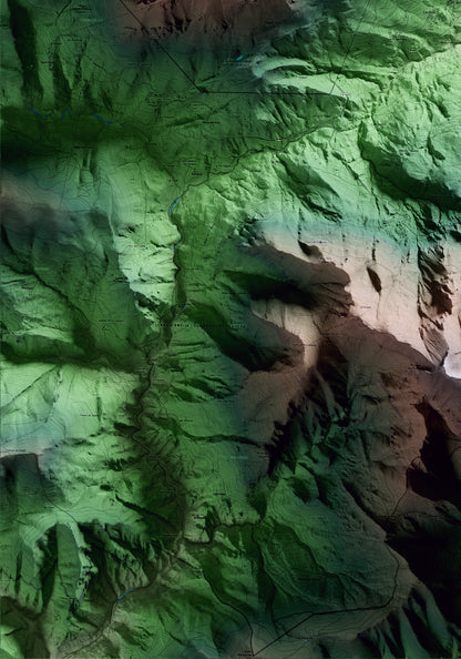 Mapa artístico del relieve de Saldes, al Berguedà, con 15 km de entorno y base topográfica ICGC. Detalle de la zona inferior izquierda.