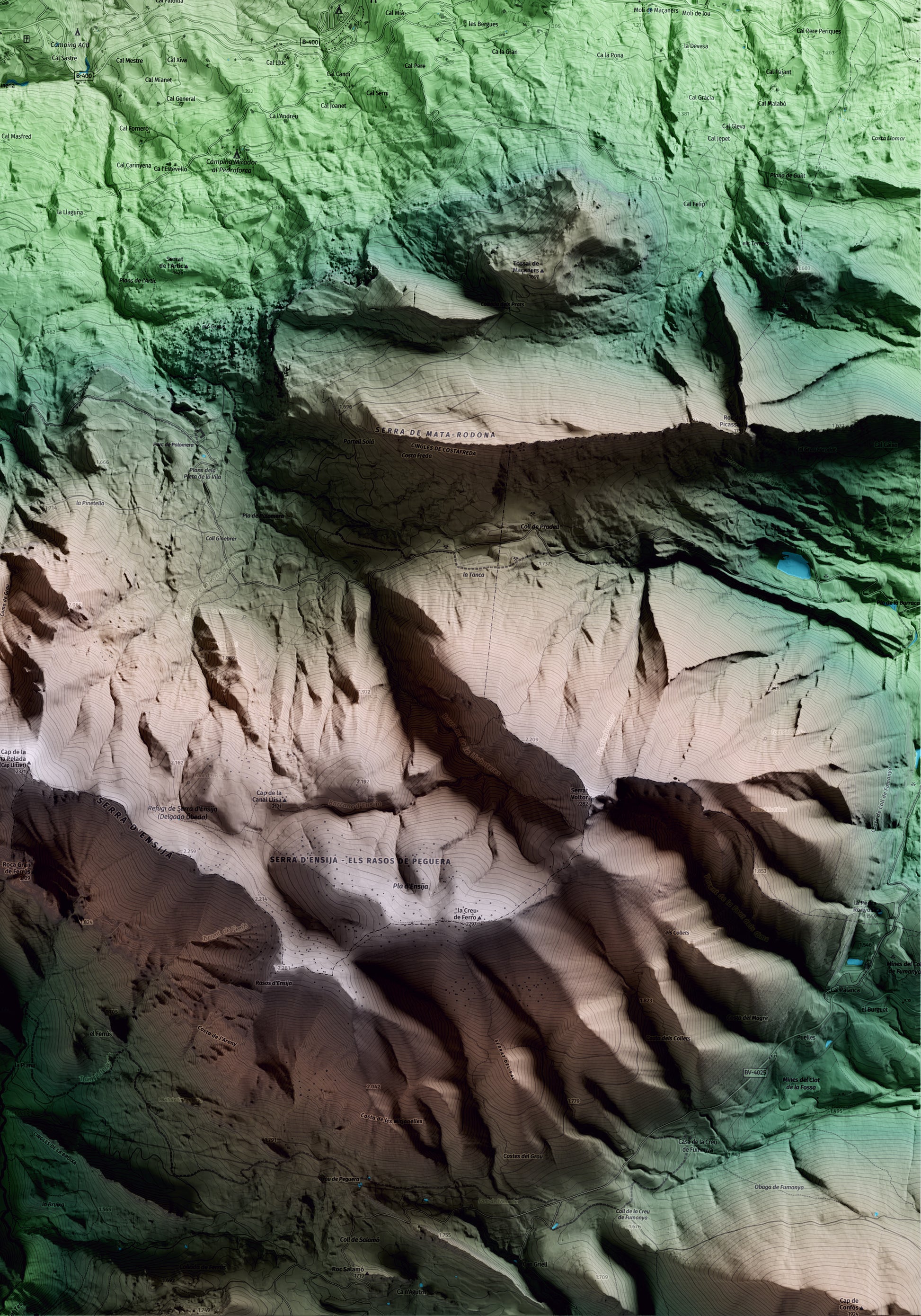 Mapa artístico del relieve de Saldes, al Berguedà, con 15 km de entorno y base topográfica ICGC. Detalle de la zona inferior derecha.