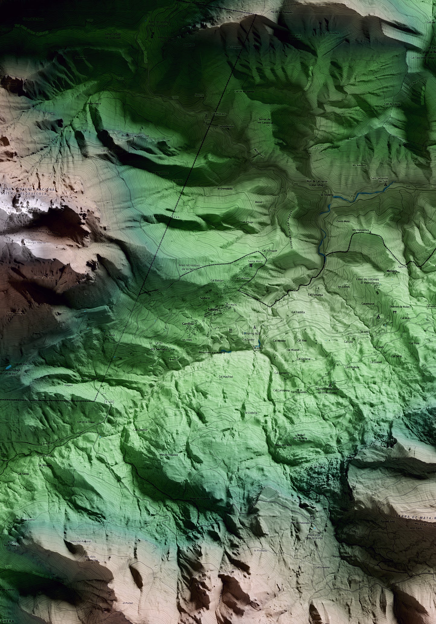 Mapa artístico del relieve de Saldes, al Berguedà, con 15 km de entorno y base topográfica ICGC. Detalle de la zona central.