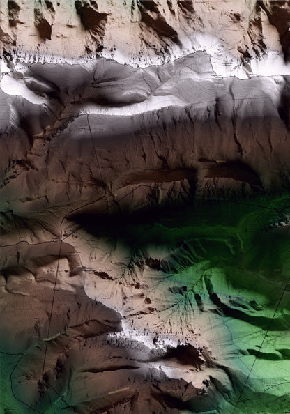 Mapa artístico del relieve de Saldes, al Berguedà, con 15 km de entorno y base topográfica ICGC. Detalle de la zona superior izquierda.