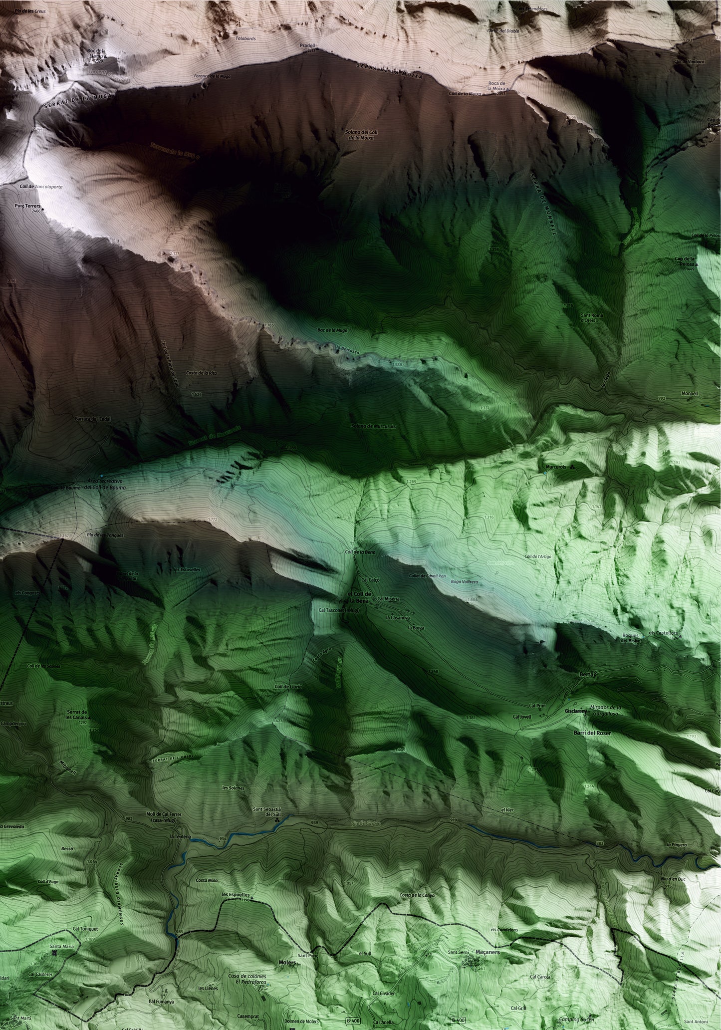 Mapa artístico del relieve de Saldes, al Berguedà, con 15 km de entorno y base topográfica ICGC. Detalle de la zona superior derecha.
