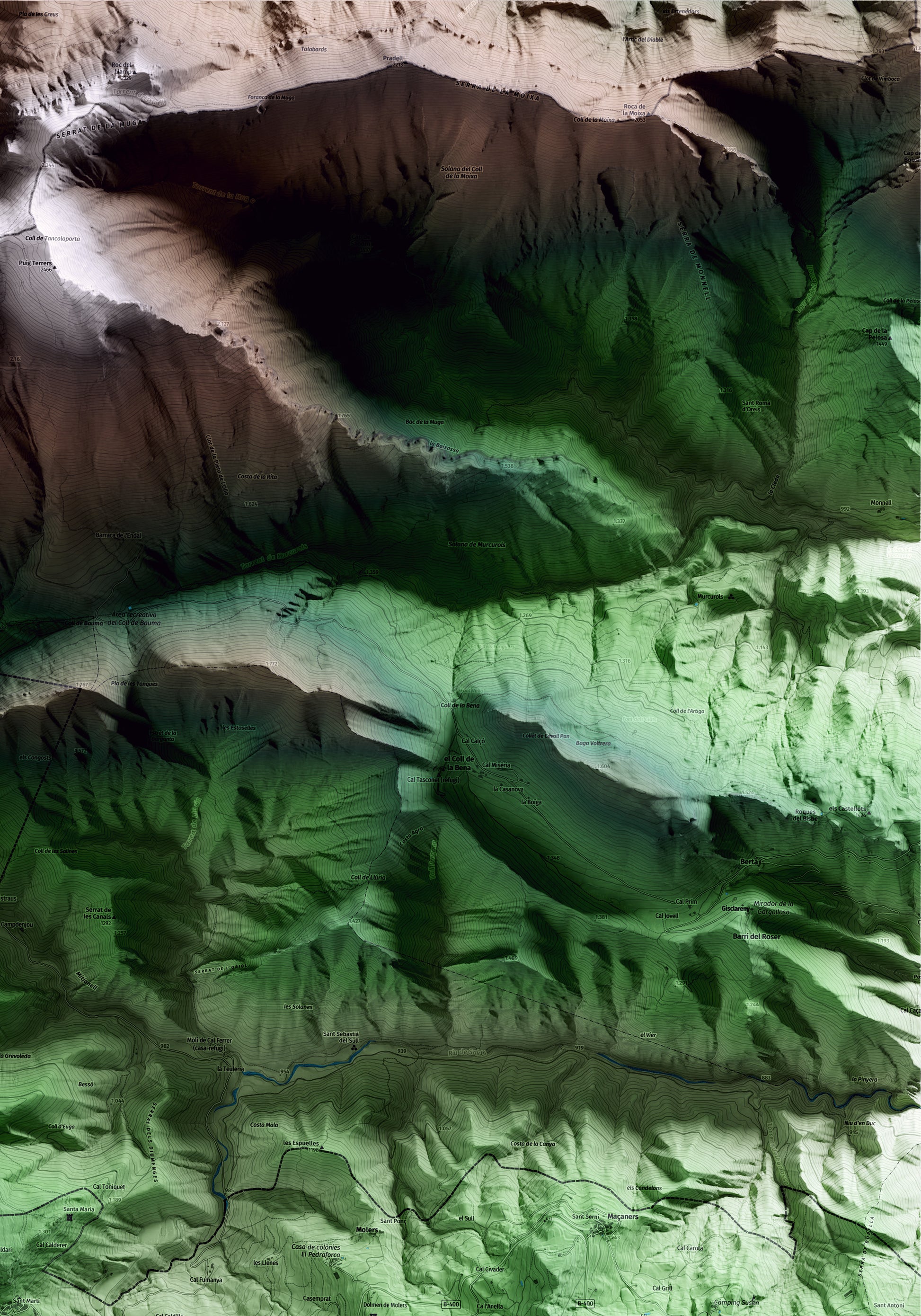 Mapa artístico del relieve de Saldes, al Berguedà, con 15 km de entorno y base topográfica ICGC. Detalle de la zona superior derecha.