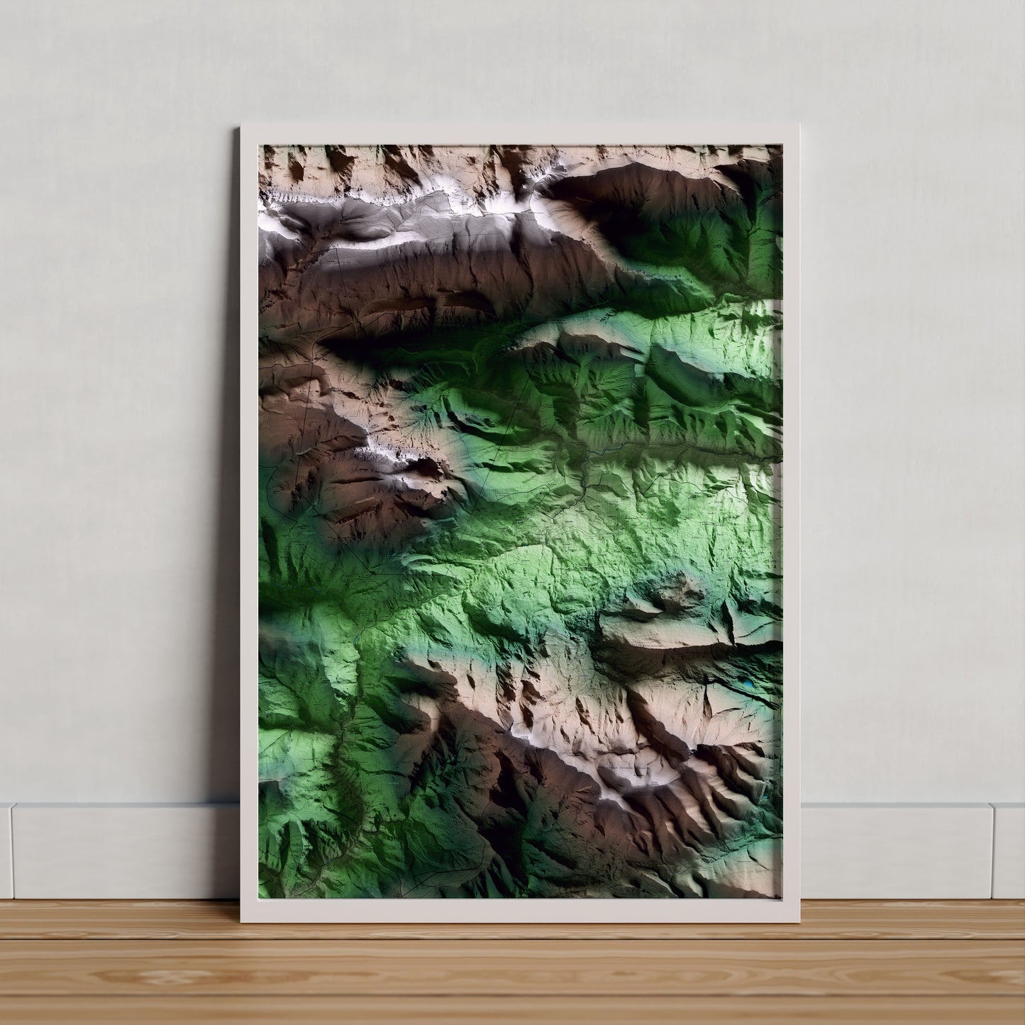 Mapa artístico del relieve de Saldes, al Berguedà, con 15 km de entorno y base topográfica ICGC. Presentación enmarcada.