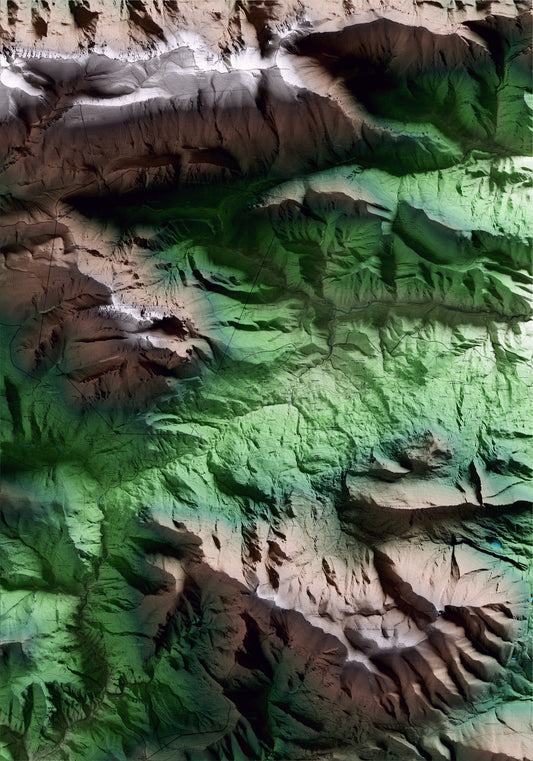 Mapa artístico del relieve de Saldes, al Berguedà, con 15 km de entorno y base topográfica ICGC