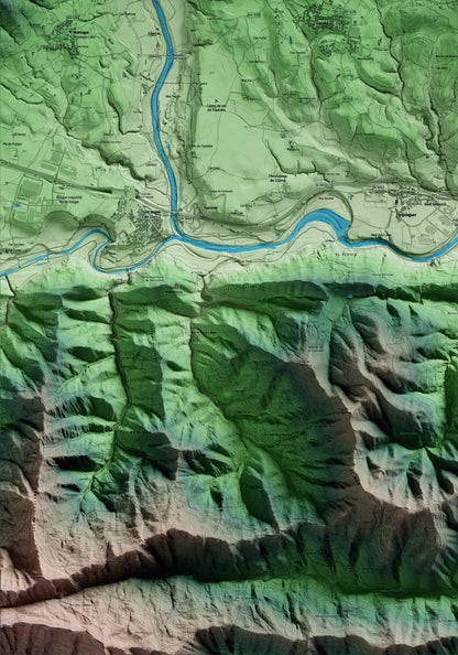 Mapa artístico del relieve de Sales de Llierca, a la Garrotxa, con 15 km de entorno y base topográfica ICGC. Detalle de la zona inferior izquierda.