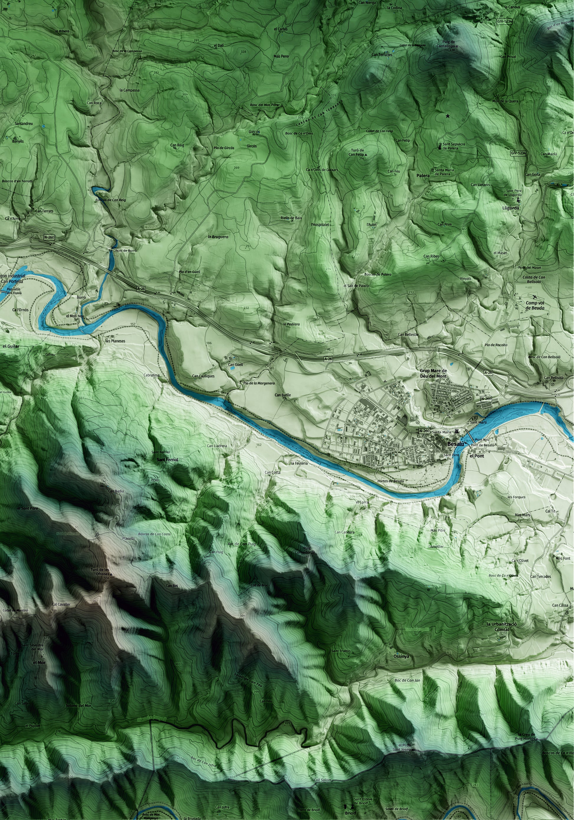 Mapa artístico del relieve de Sales de Llierca, a la Garrotxa, con 15 km de entorno y base topográfica ICGC. Detalle de la zona inferior derecha.