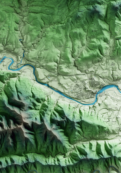 Mapa artístico del relieve de Sales de Llierca, a la Garrotxa, con 15 km de entorno y base topográfica ICGC. Detalle de la zona inferior derecha.