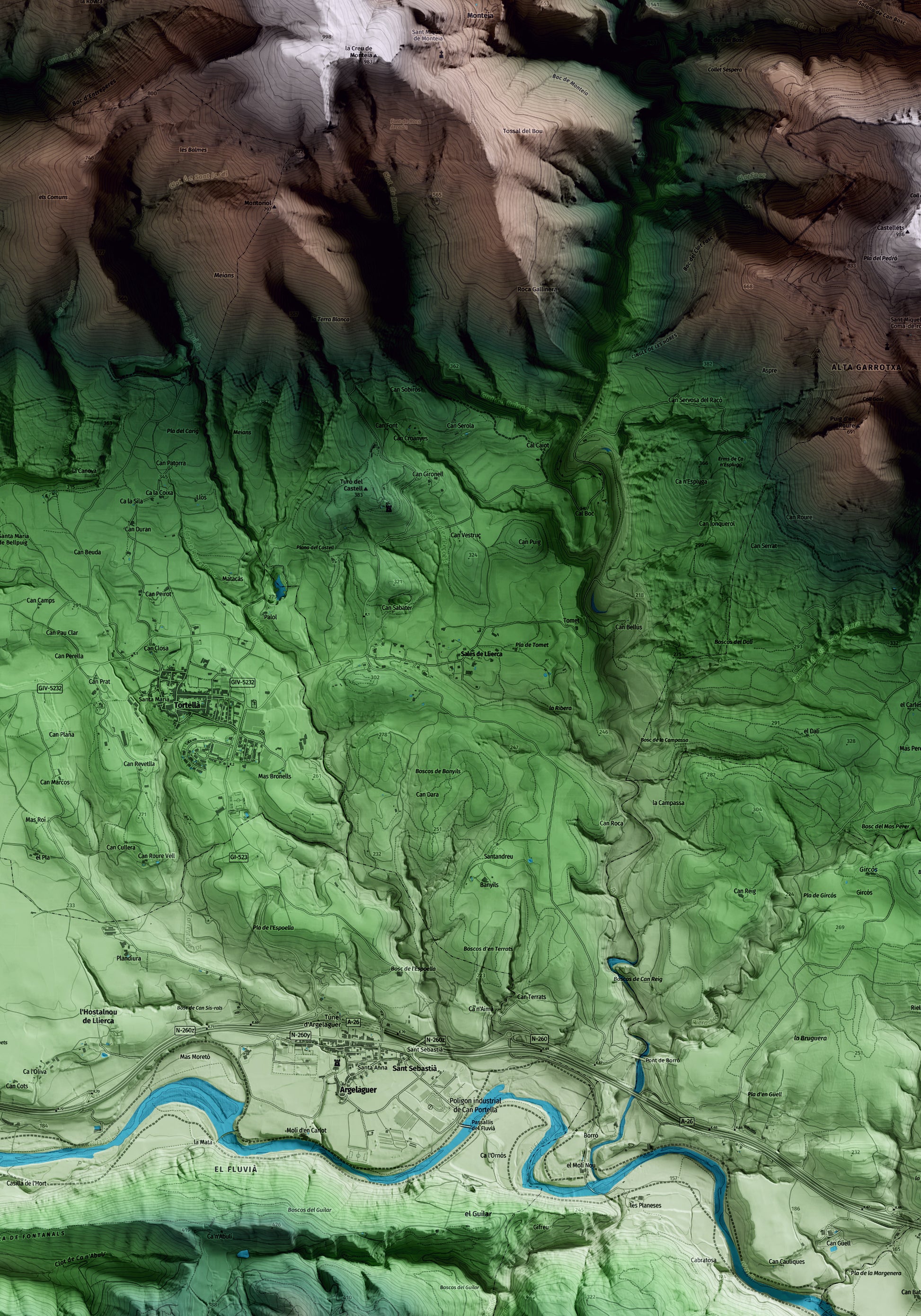 Mapa artístico del relieve de Sales de Llierca, a la Garrotxa, con 15 km de entorno y base topográfica ICGC. Detalle de la zona central.