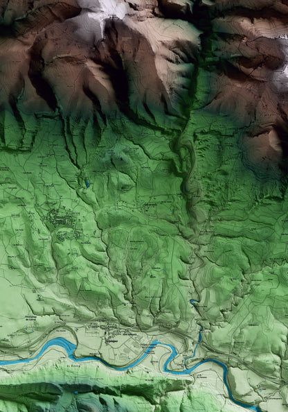 Mapa artístico del relieve de Sales de Llierca, a la Garrotxa, con 15 km de entorno y base topográfica ICGC. Detalle de la zona central.