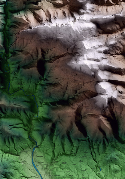 Mapa artístico del relieve de Sales de Llierca, a la Garrotxa, con 15 km de entorno y base topográfica ICGC. Detalle de la zona superior izquierda.