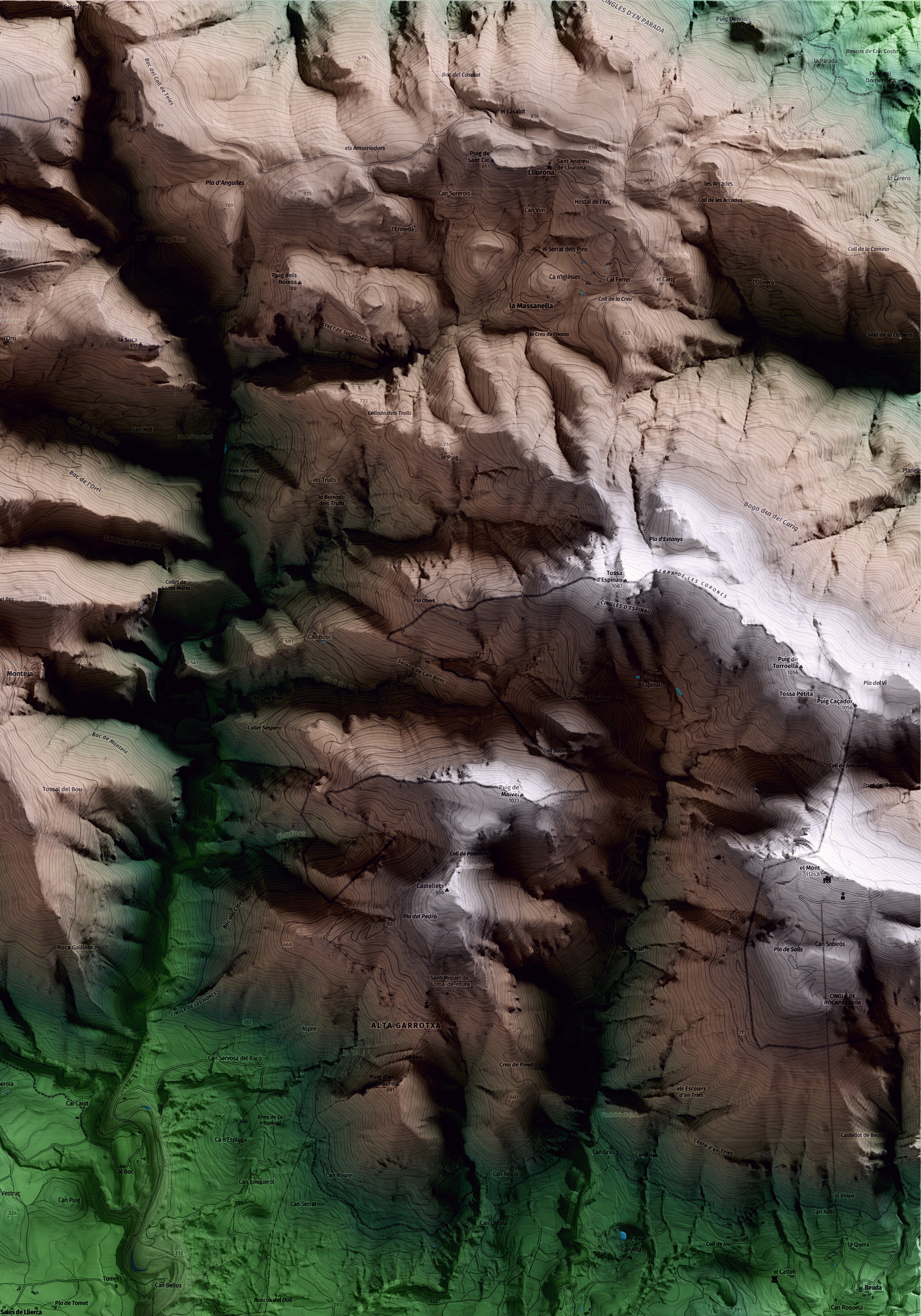 Mapa artístico del relieve de Sales de Llierca, a la Garrotxa, con 15 km de entorno y base topográfica ICGC. Detalle de la zona superior derecha.