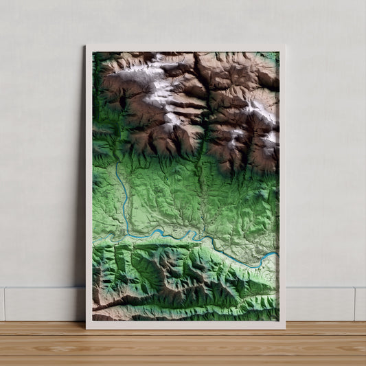 Mapa artístico del relieve de Sales de Llierca, a la Garrotxa, con 15 km de entorno y base topográfica ICGC. Presentación enmarcada.