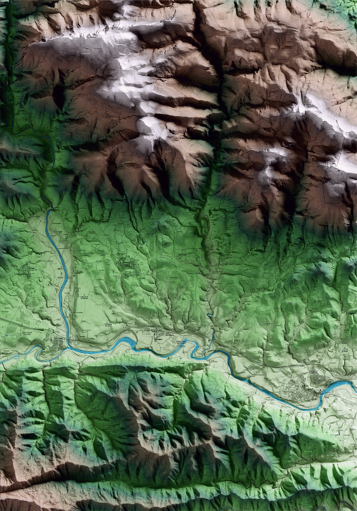 Mapa artístico del relieve de Sales de Llierca, a la Garrotxa, con 15 km de entorno y base topográfica ICGC