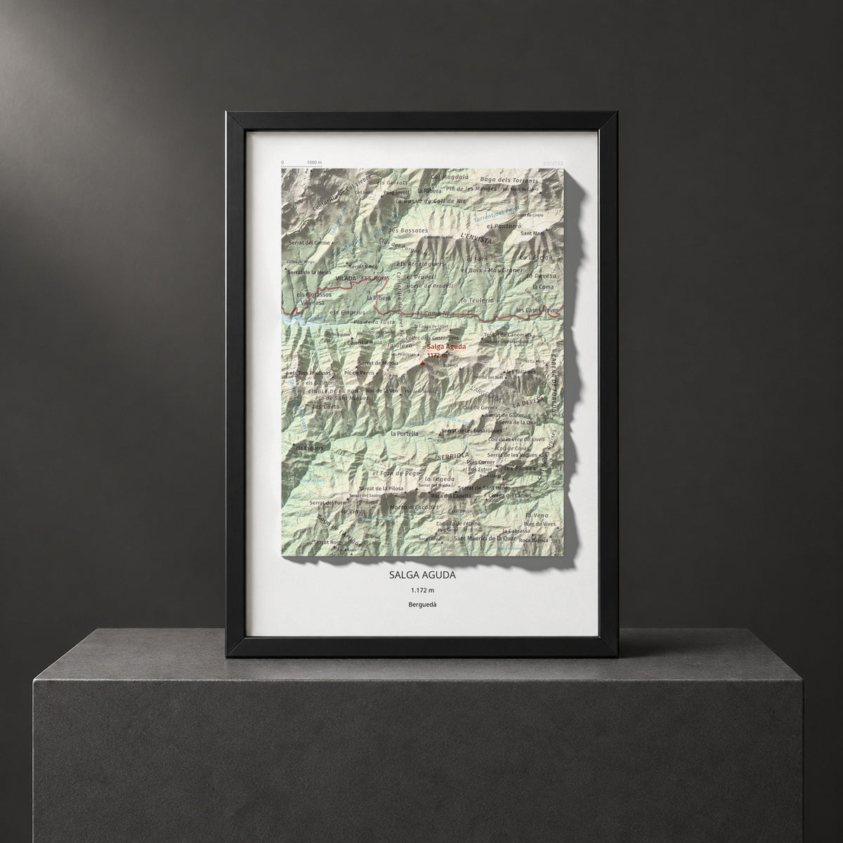 Mapa de relieve de Salga Aguda, 1172 m, Berguedà, lámina 100 Cims de Trobart. Presentación enmarcada. 21 × 30 cm.