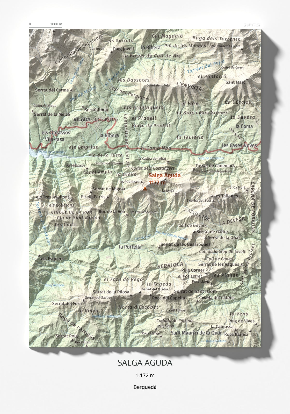 Mapa de relieve de Salga Aguda, 1172 m, Berguedà, lámina 100 Cims de Trobart 21 × 30 cm.