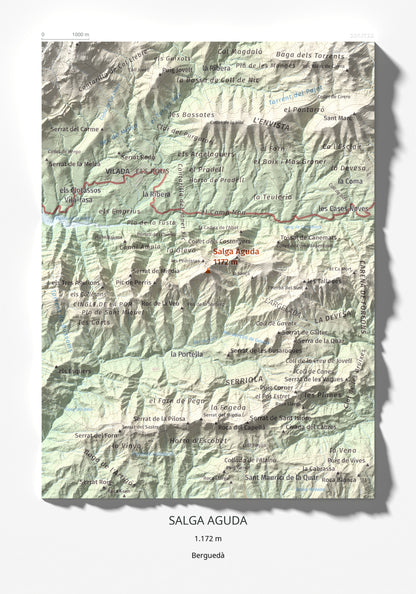 Mapa de relieve de Salga Aguda, 1172 m, Berguedà, lámina 100 Cims de Trobart 21 × 30 cm.