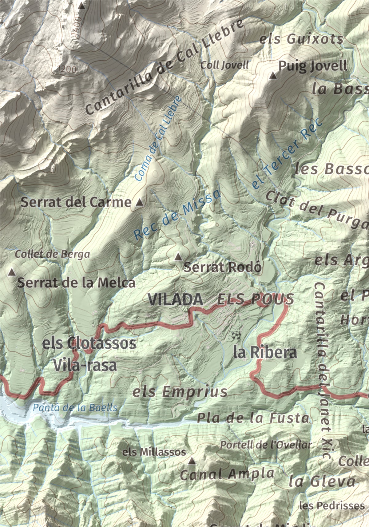 Mapa de relieve de Salga Aguda, 1172 m, Berguedà, lámina 100 Cims de Trobart. Detalle de la zona superior izquierda. 21 × 30 cm.
