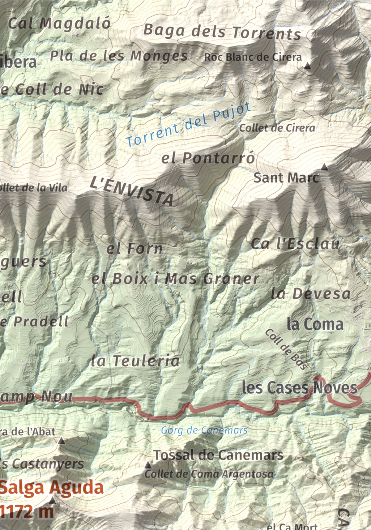 Mapa de relieve de Salga Aguda, 1172 m, Berguedà, lámina 100 Cims de Trobart. Detalle de la zona superior derecha. 21 × 30 cm.