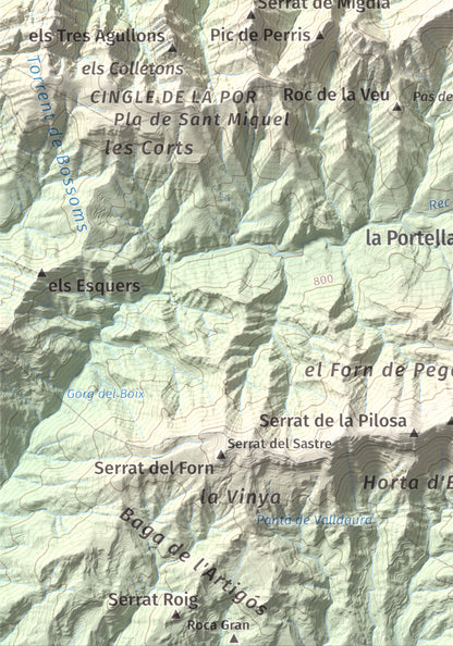 Mapa de relieve de Salga Aguda, 1172 m, Berguedà, lámina 100 Cims de Trobart. Detalle de la zona inferior izquierda. 21 × 30 cm.