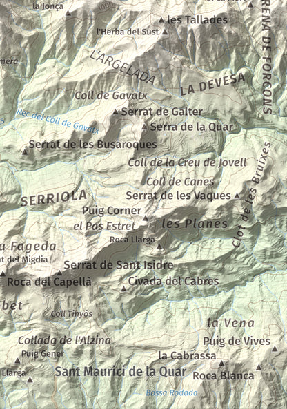 Mapa de relieve de Salga Aguda, 1172 m, Berguedà, lámina 100 Cims de Trobart. Detalle de la zona inferior derecha. 21 × 30 cm.