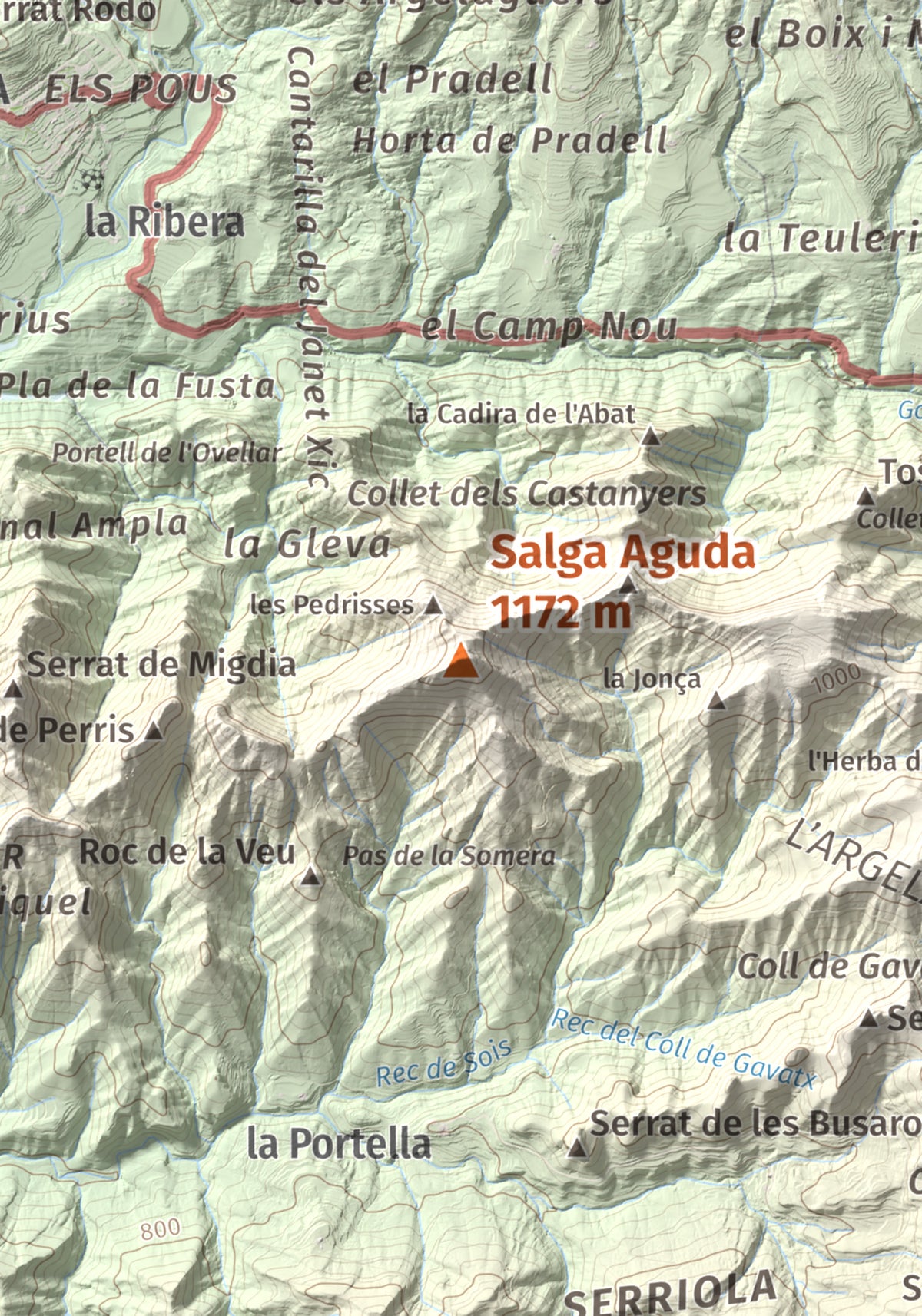 Mapa de relieve de Salga Aguda, 1172 m, Berguedà, lámina 100 Cims de Trobart. Detalle de la zona central. 21 × 30 cm.