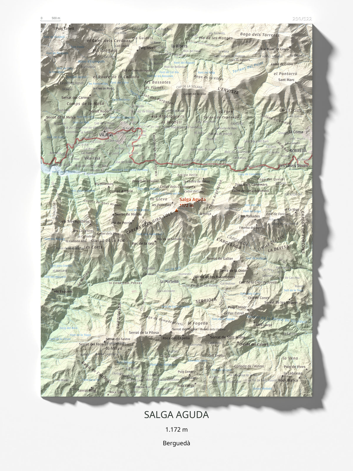 Mapa de relieve de Salga Aguda, 1172 m, Berguedà, lámina 100 Cims de Trobart 30 × 40 cm.