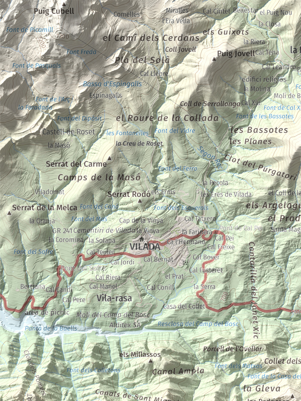 Mapa de relieve de Salga Aguda, 1172 m, Berguedà, lámina 100 Cims de Trobart. Detalle de la zona superior izquierda. 30 × 40 cm.