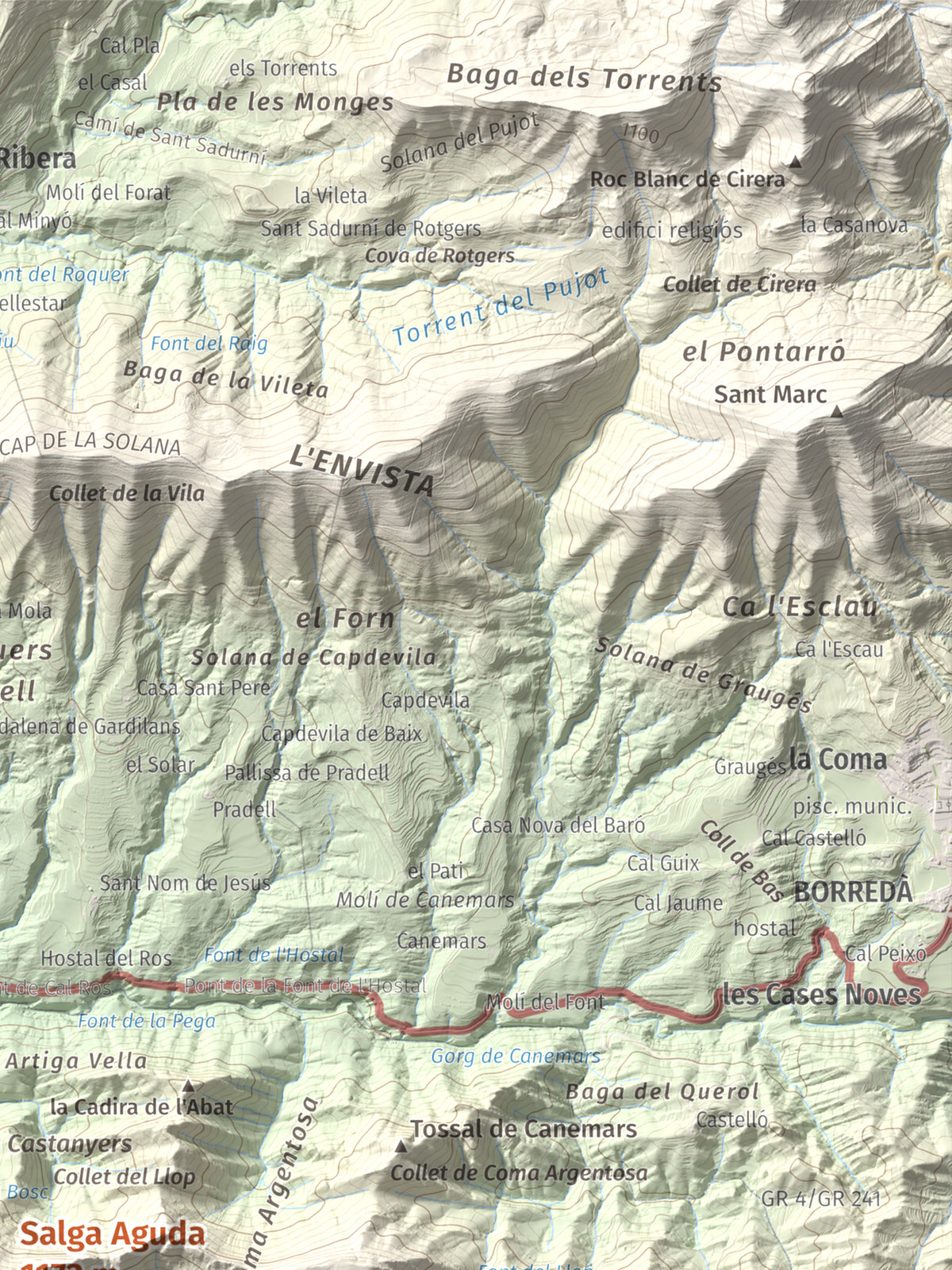 Mapa de relieve de Salga Aguda, 1172 m, Berguedà, lámina 100 Cims de Trobart. Detalle de la zona superior derecha. 30 × 40 cm.