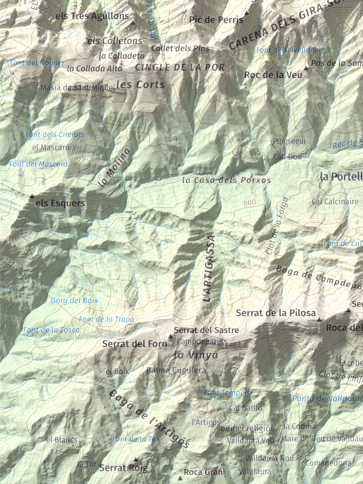 Mapa de relieve de Salga Aguda, 1172 m, Berguedà, lámina 100 Cims de Trobart. Detalle de la zona inferior izquierda. 30 × 40 cm.