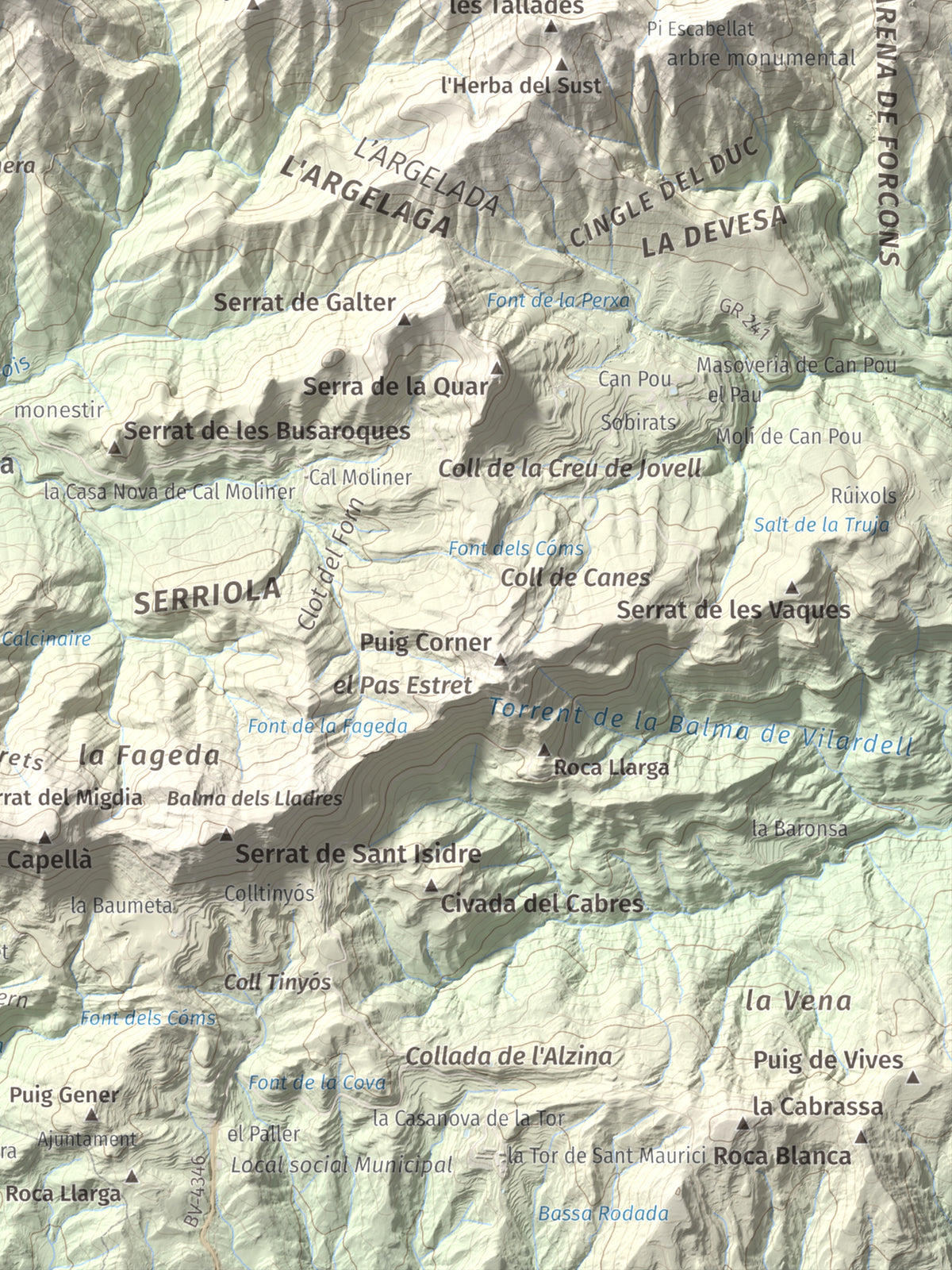 Mapa de relieve de Salga Aguda, 1172 m, Berguedà, lámina 100 Cims de Trobart. Detalle de la zona inferior derecha. 30 × 40 cm.