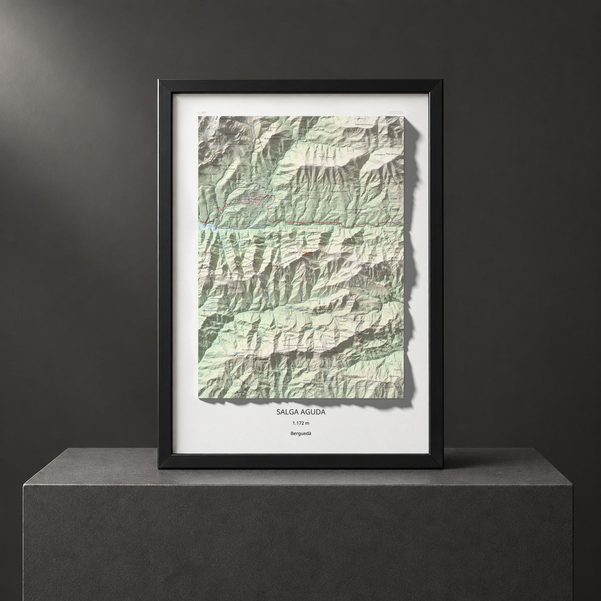 Mapa de relieve de Salga Aguda, 1172 m, Berguedà, lámina 100 Cims de Trobart. Presentación enmarcada. 50 × 70 cm.