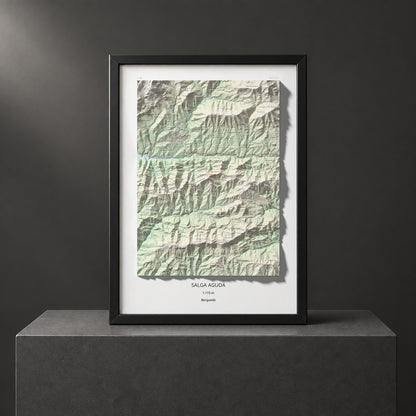 Mapa de relieve de Salga Aguda, 1172 m, Berguedà, lámina 100 Cims de Trobart. Presentación enmarcada. 50 × 70 cm.